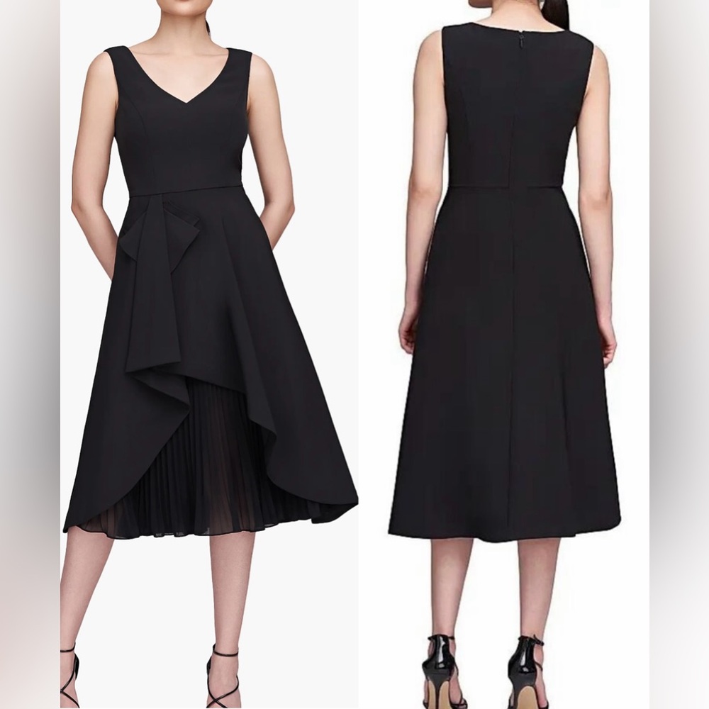 Kay Unger Black Asymmetric Midi Dress with Pleated Inset